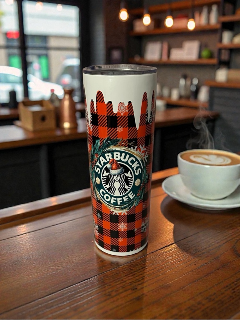 Holiday Coffee Tumbler – Red, Black, and Green Winter Design – 20oz Cold Cup